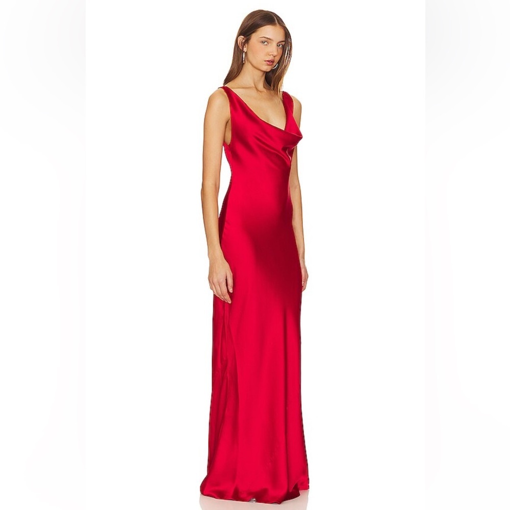 Norma Kamali Deep Drape Neck Gown Tiger Red satin Maxi Dress AS IS Revolve S - Picture 2 of 11